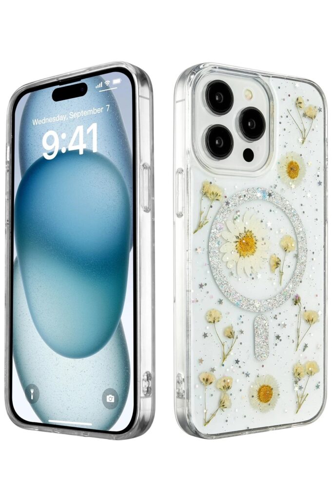 Mey İthalat®  iPhone 15 Pro Kılıf Daisy Simli Magsafe Kapak - Gümüş