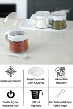 BUFFER® Beyaz 3lü Standlı Kapaklı Kaşıklı Cam Hava Sızdırmaz Baharatlık Takımı KC-386 - Görsel 7