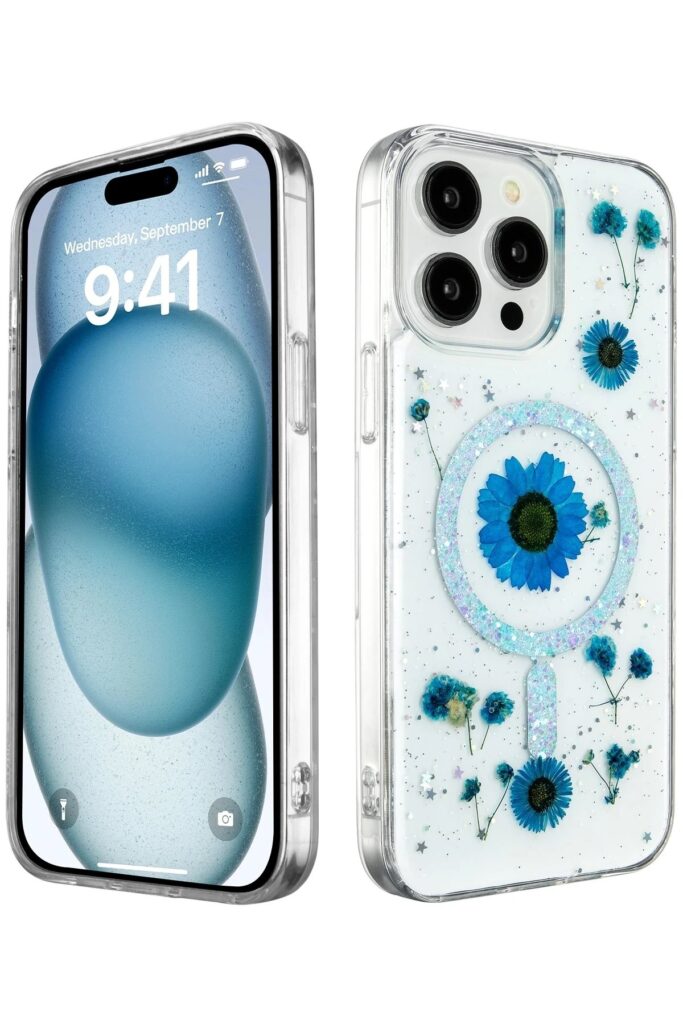 Mey İthalat®  iPhone 15 Pro Kılıf Daisy Simli Magsafe Kapak - Mavi