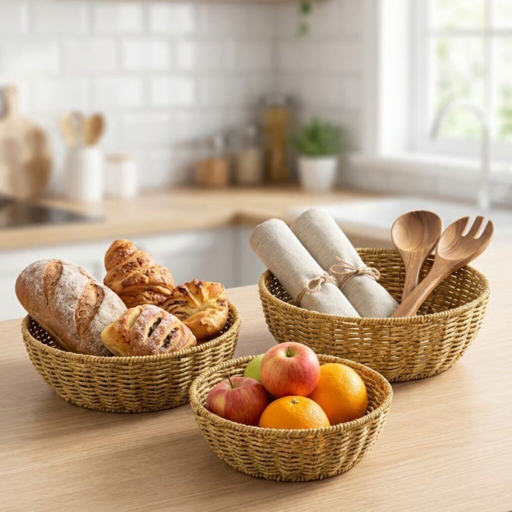 BUFFER® 3’lü Plastik Rattan Çanak Seti – Hasır Görünümlü İç İçe Geçebilen Sunum ve Düzenleme Kaseleri
