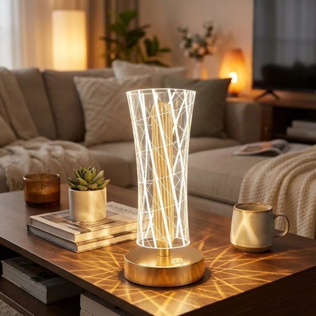 BUFFER® Silindirik Kristal Çizgi Model LED Masa Lambası – Gold Tabanlı