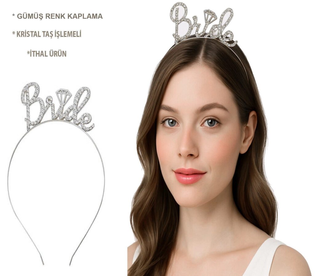 Mey İthalat® Gümüş Renkli Taşlı “Bride” Gelin Tacı – El Yazısı Yazı Tipiyle