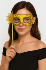 Mey İthalat® Lüks Taşlı Saplı Maskeli Balo Maskesi Altın Renk 35 cm