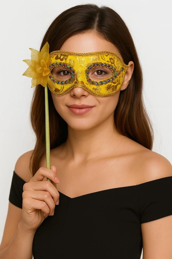 Mey İthalat® Lüks Taşlı Saplı Maskeli Balo Maskesi Altın Renk 35 cm