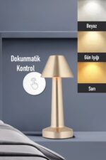 BUFFER® Çatı Model Gold Renk Şarjlı Dokunmatik 3 Renkli LED Masa Lambası - Görsel 7