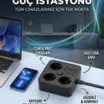 AKIM KORUMALI Avrupa Soket Kartı Tip-C Usb 2 m Uzatma Kablosu Emniyet Anahtarı ile
