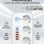 2500W Çoklu Priz 2 METRE – 3’lü AC Priz +5 USB Çıkışı AKIM KORUMALI Alev Almayan Gövde
