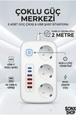 2500W Çoklu Priz 2 METRE – 3’lü AC Priz +5 USB Çıkışı AKIM KORUMALI Alev Almayan Gövde