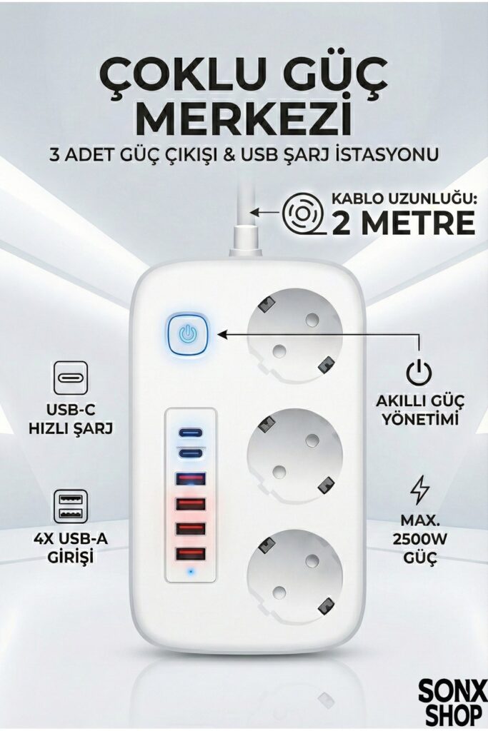 2500W Çoklu Priz 2 METRE – 3’lü AC Priz +5 USB Çıkışı AKIM KORUMALI Alev Almayan Gövde