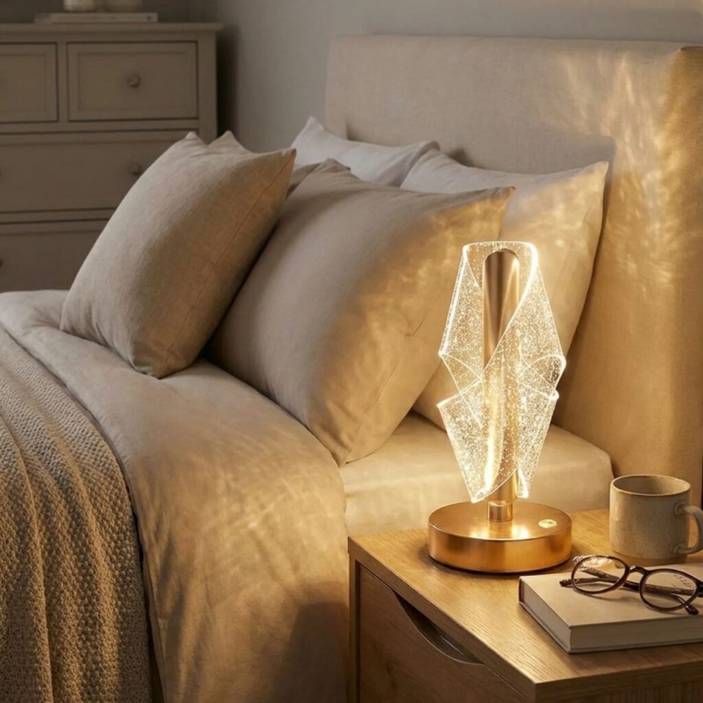 BUFFER® Çapraz Kavisli Ters Kristal Simli LED Masa Lambası – Gold Gövdeli