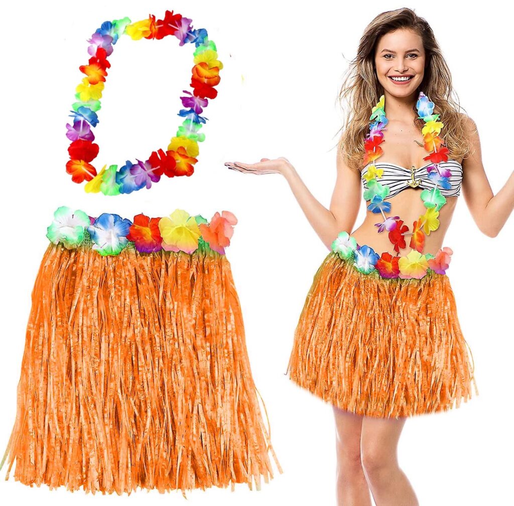 Mey İthalat® Hawaii Luau Aloha Turuncu Püsküllü 40 cm Etek ve Hawaii Kolye Seti