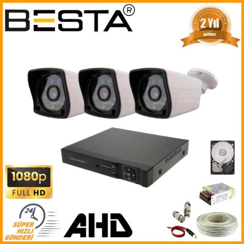 2 MP 1080P 3 Dış Mekan Kameralı AHD Güvenlik Seti