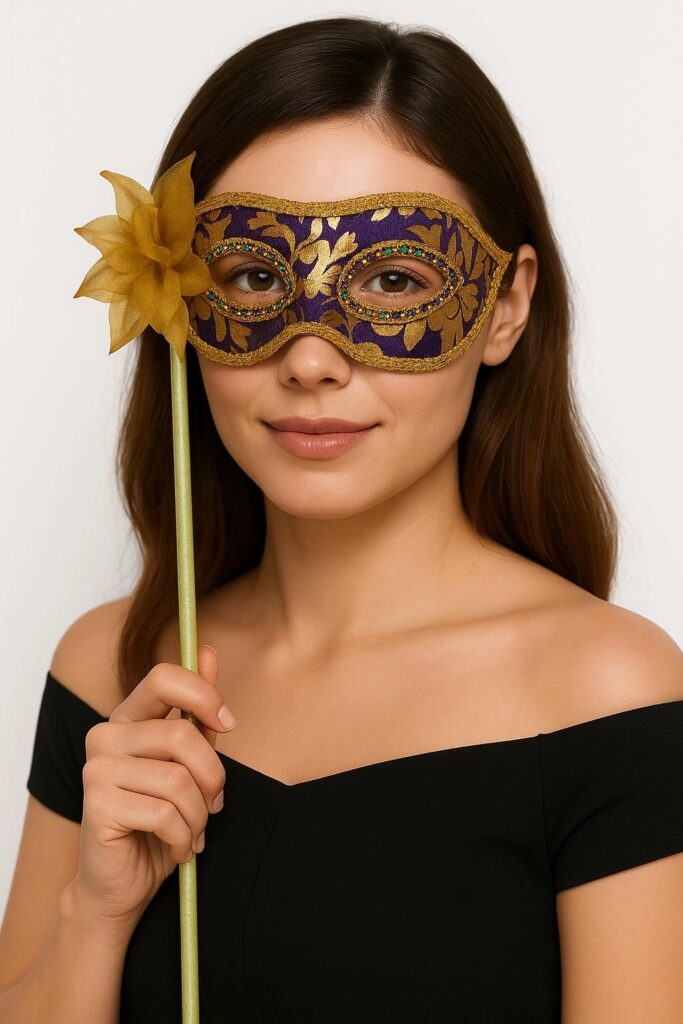 Mey İthalat® Lüks Taşlı Saplı Maskeli Balo Maskesi Mor Renk 35 cm