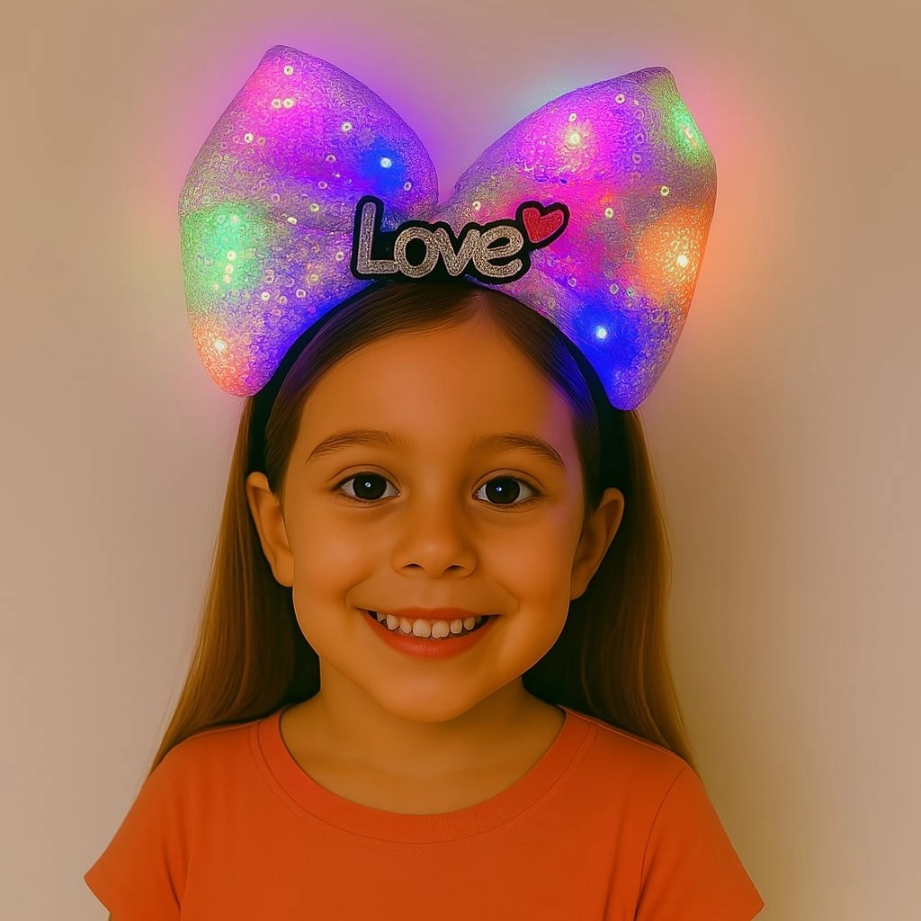 Mey İthalat® LED Işıklı Love Yazılı Mor Fiyonk Taç – Kız Çocuk Parti Tacı