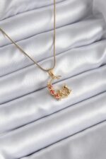 Mey İthalat® 316L Çelik Gold Renk Hilal Kedi Model Zirkon Taşlı Detay Kadın Kolye