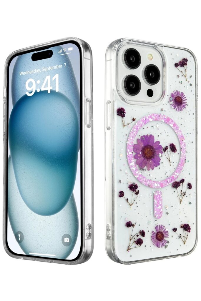 Mey İthalat®  iPhone 15 Pro Kılıf Daisy Simli Magsafe Kapak - Mor
