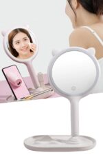 BUFFER® Kedi Kulaklı Telefon Standlı Yuvarlak Dokunmatik Led Ayarlı Masa Üstü Makyaj Aynası - Görsel 6