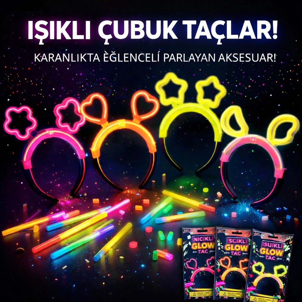 Mey İthalat® Karanlıkta Parlayan Glow Taç Seti 12 Adet – Yıldız Kalp Ay Çiçek (Her Model 3 Adet)