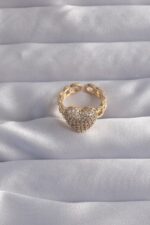 Mey İthalat® Pirinç Ayarlamalı Gold Renk Zirkon Taşlı Bombeli Kalp Yüzük - Görsel 2