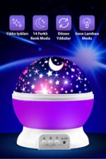 Ay Ve Yıldızlı Gökyüzü Yansıtmalı Dönen Projeksiyon Gece Lambası- Çocuk Bebek Odası Mor - Görsel 3