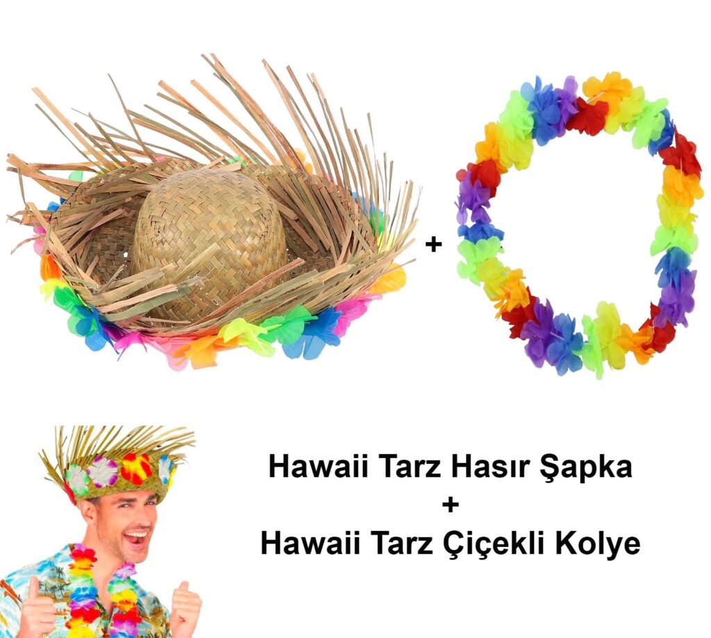 Mey İthalat® Hawaii Tarzı Tropikal Çiçekli Hasır Şapka ve Çiçekli Hawaii Kolye