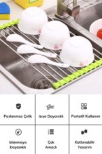 BUFFER® Evye Üstü Katlanır Nihale Paslanmaz Çelik Pratik Sebze Meyve Bulaşık Kurutma Süzgeci - Görsel 2