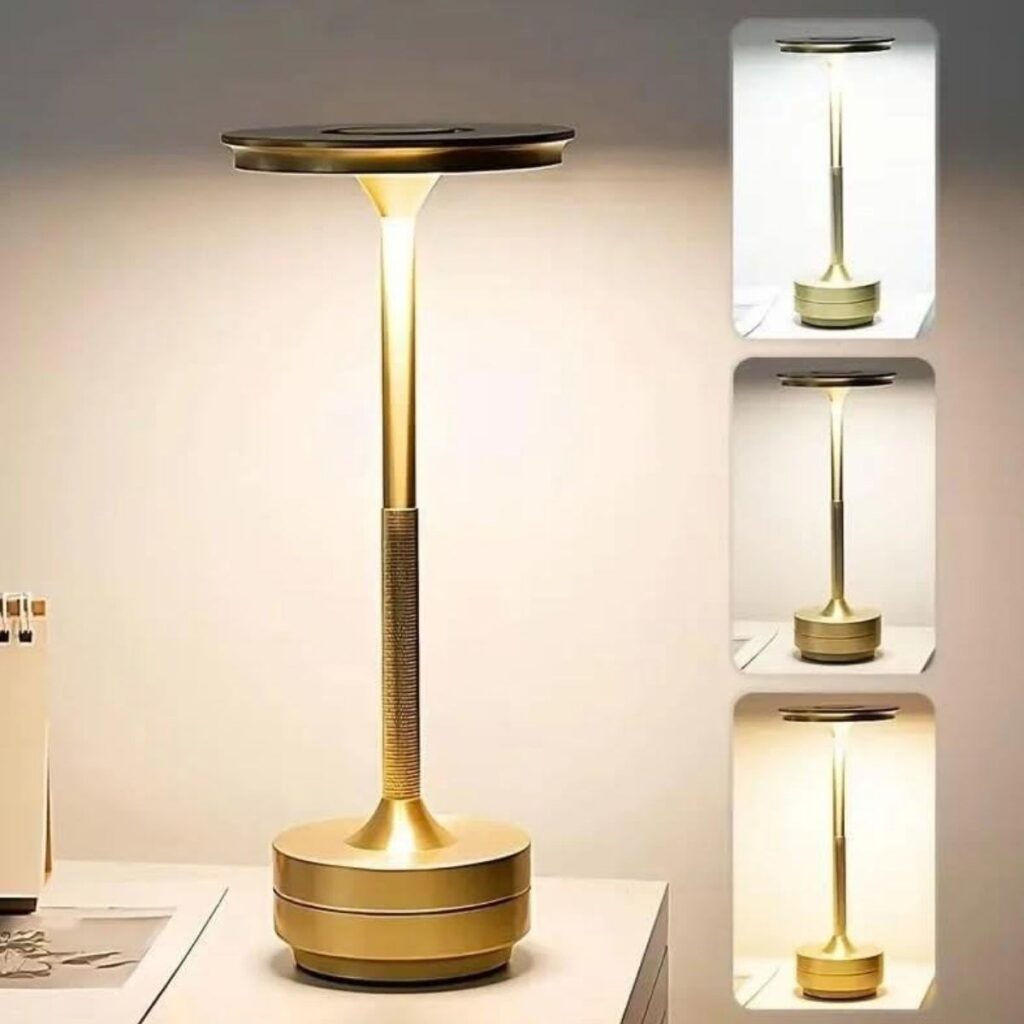 BUFFER® Eskitme Gold Kasa Dokunmatik Şarjlı Masa Lambası – 3 Renk Işık Modlu