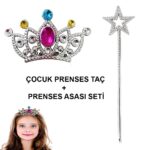 Mey İthalat® Çocuklar İçin Taraklı Prenses Tacı ve Prenses Yıldız Asa Seti Gümüş