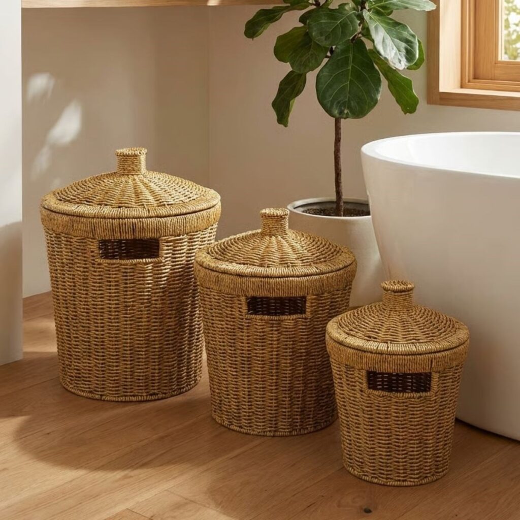 BUFFER® 3’lü İç İçe Geçebilen Büyük Plastik Rattan Hasır Sepet Seti-Dayanıklı Çok Amaçlı Ev