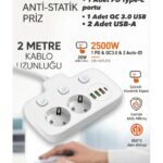 Akım Korumalı 2500W Güçlü 3 USB + Type-C Portlu Çoklu Priz | Hızlı Şarj