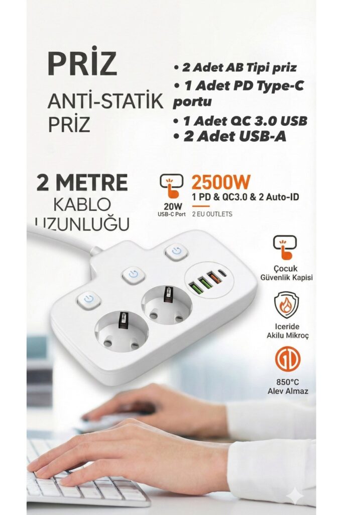 Akım Korumalı 2500W Güçlü 3 USB + Type-C Portlu Çoklu Priz | Hızlı Şarj