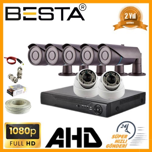 2MP 1080P 5 Dış 2 İç Mekan Kameralı AHD Güvenlik Seti