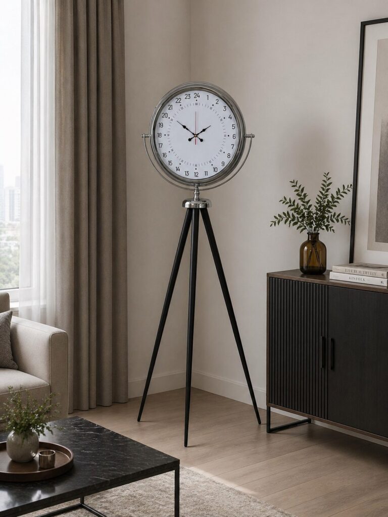 Krom 24 Saat Göstergeli Özel Tasarım Tripod Ayaklı Saat