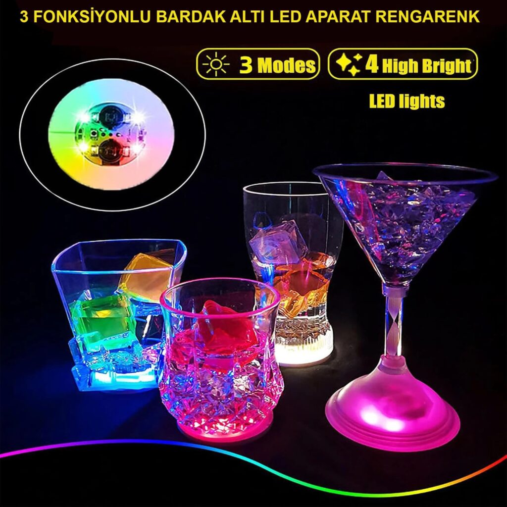 Mey İthalat® Işıklı Yapışkanlı Bardak Altı Aparatı Ledli 3 Modlu 6 cm Çap 1 Adet