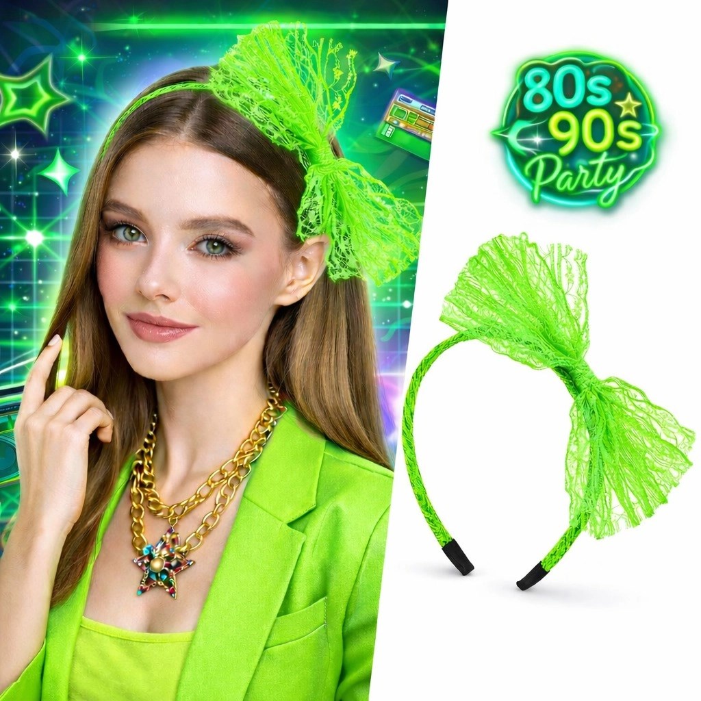 Mey İthalat® 80’ler 90’lar Neon Yeşil Dantel Taç Fiyonklu