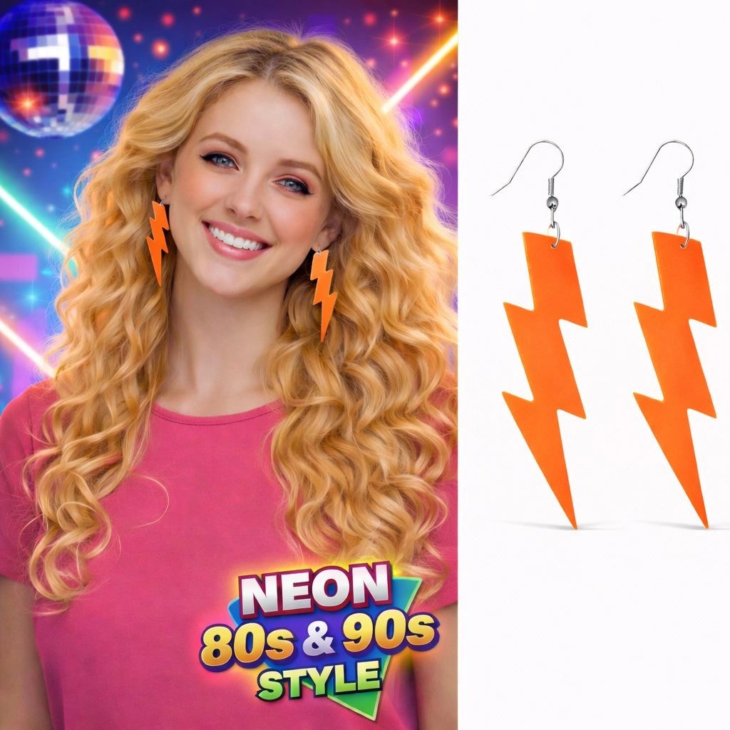 Mey İthalat® 80’ler 90'lar Retro Neon Turuncu Şimşek Küpe 10 cm