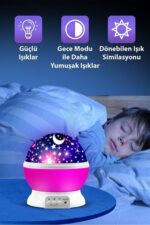 Ay ve Yıldızlı Gökyüzü Yansıtmalı Dönen Projeksiyon Gece Lambası- Çocuk Bebek Odası Pembe - Görsel 3