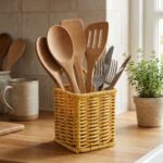 BUFFER® Kare Hasır Dokulu Plastik Rattan Kaşıklık & Çatallık – Askılı Kendiliğinden Tutmalı Çok Amaçlı Mutfak Organizeri - Görsel 4
