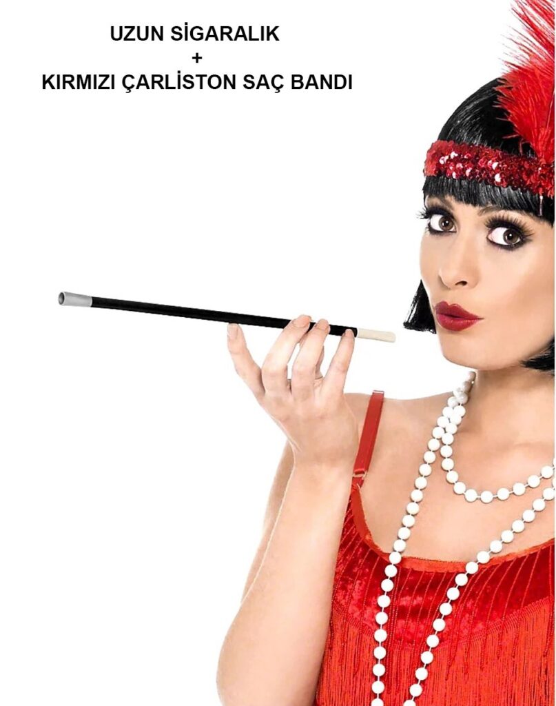 Mey İthalat® 1920'ler 1990'lar Gatsby Kadın Aksesuar Seti – Kırmızı Charleston Saç Bandı ve Sigaralık