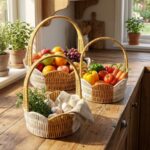 BUFFER® İç İçe Geçebilen 3’lü Çift Renkli Yuvarlak Dalgalı Formlu Saplı Plastik Rattan Sepet Seti – Hasır Görünümlü Çok Amaçlı Organizerler - Görsel 3
