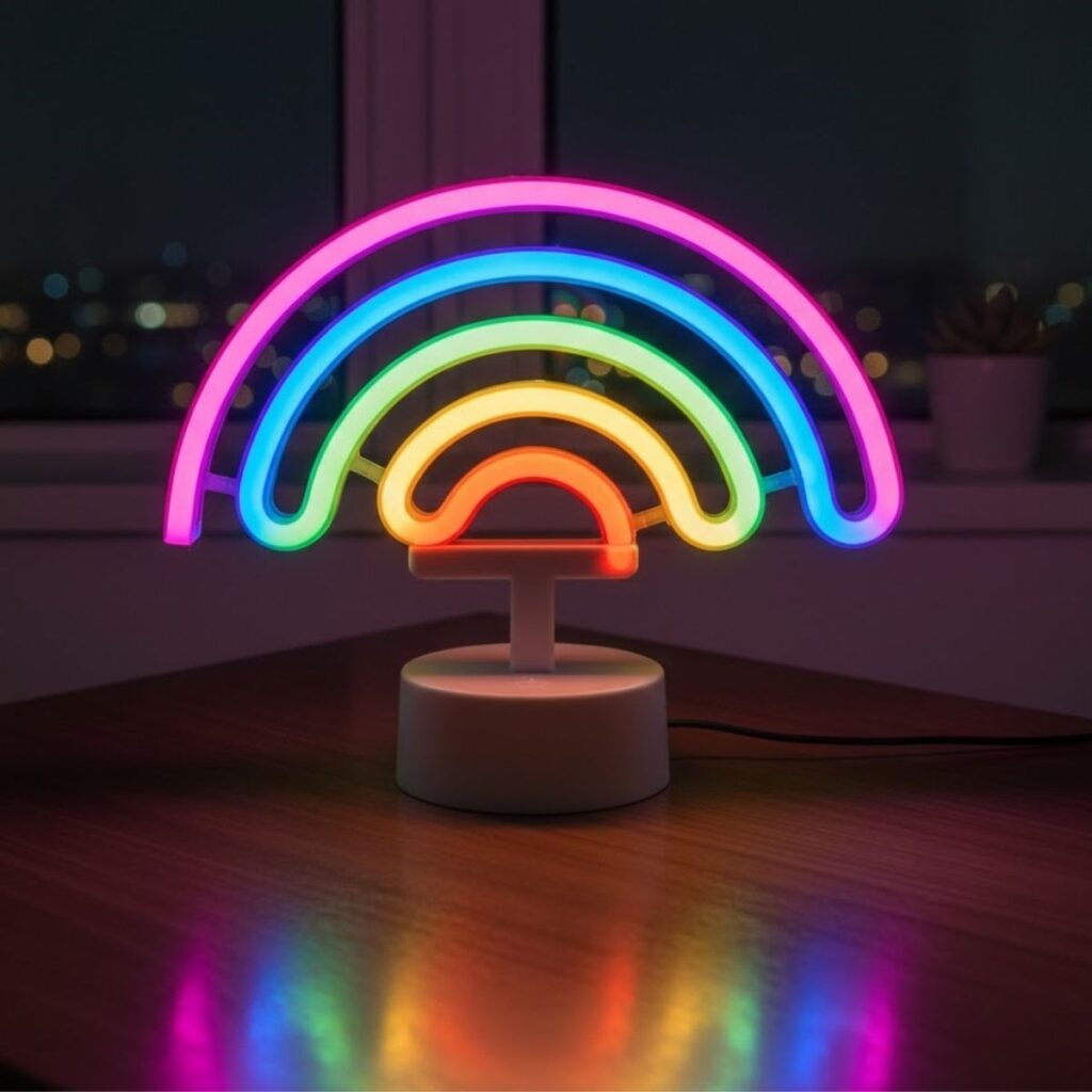 Plastik Gökkuşağı Neon LED Işık – Dekoratif Renkli Masaüstü ve Ambiyans Aydınlatması