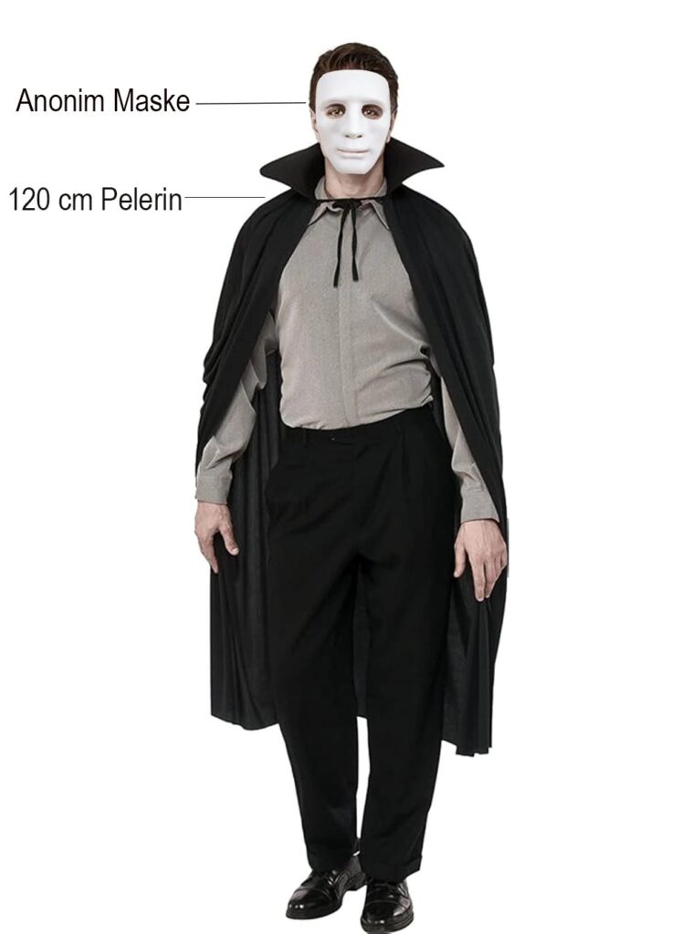 Mey İthalat® Siyah Renk Yakalı 120 cm Pelerin ve Beyaz Anonim Maske