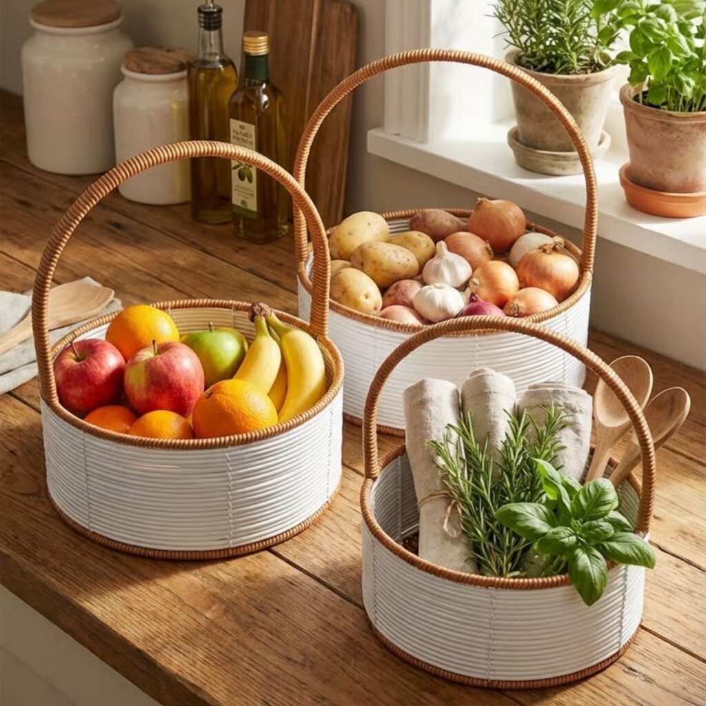 BUFFER® 3 Boy İç İçe Geçebilen Plastik Rattan Sepetler–Beyaz Renkli