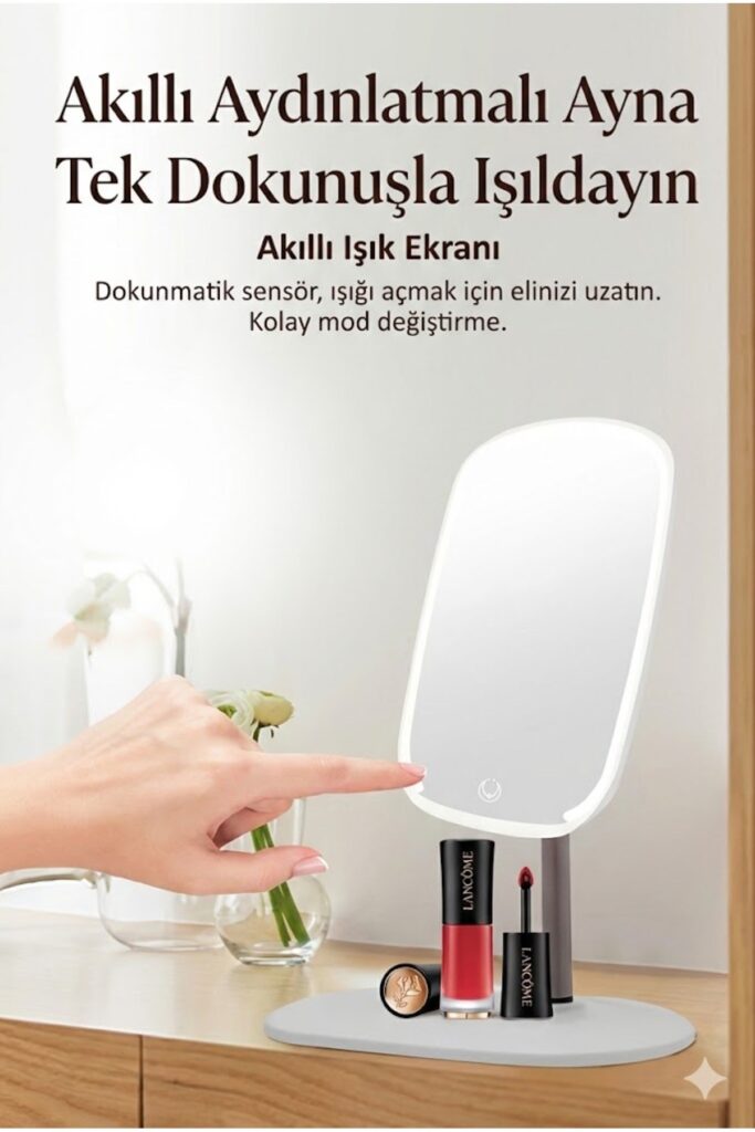 Dokunmatik led ışıklı makyaj aynası dikdörtgen 3 renk ışık LED MASA AYNASI