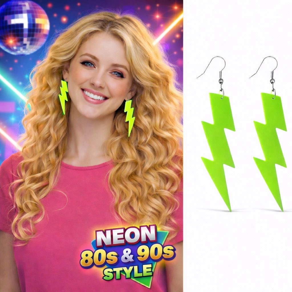 Mey İthalat® 80’ler 90'lar Retro Neon Yeşil Şimşek Küpe 10 cm