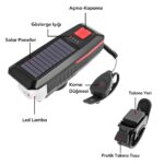 BUFFER® Solar Enerjili USB ile Şarj Edilebilir Ledli Bisiklet Feneri Kornalı ve Su Geçirmez Far - Görsel 3