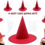 Mey İthalat® Kırmızı Renk Keçe Cadı Şapkası Yetişkin Çocuk Uyumlu 6 Adet