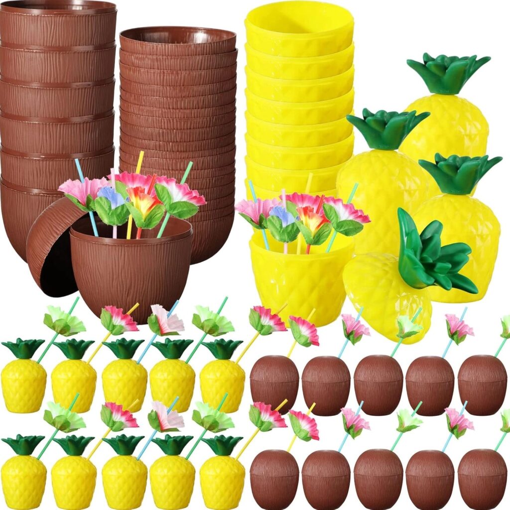 Mey İthalat® Tropikal Parti Bardak Seti – Ananas ve Hindistan Cevizi Şekilli Pipetli Bardaklar (20 Adet)