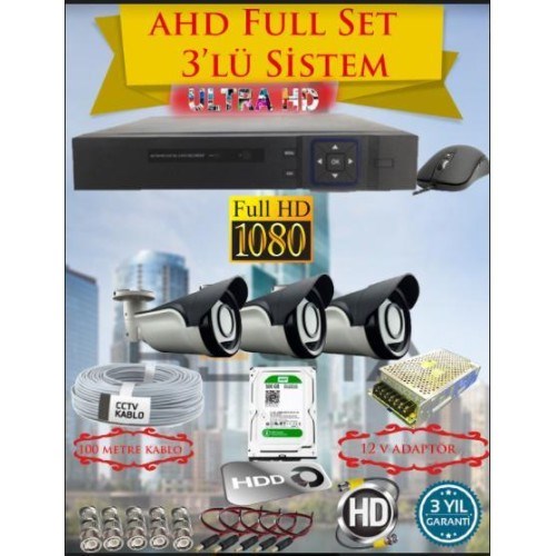 2Mp Ahd 1080P Gece Görüşlü 3 Kameralı Güvenlik Sistemi ( 500GB HDD )