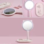 BUFFER® Kedi Kulaklı Telefon Standlı Yuvarlak Dokunmatik Led Ayarlı Masa Üstü Makyaj Aynası - Görsel 5